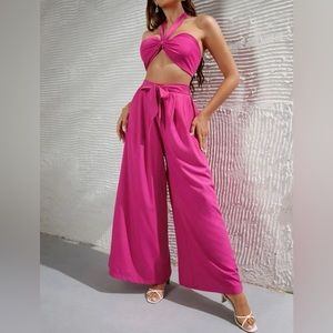 SHEIN Ruched bust tie backless halter top & Knotted Shirred pants